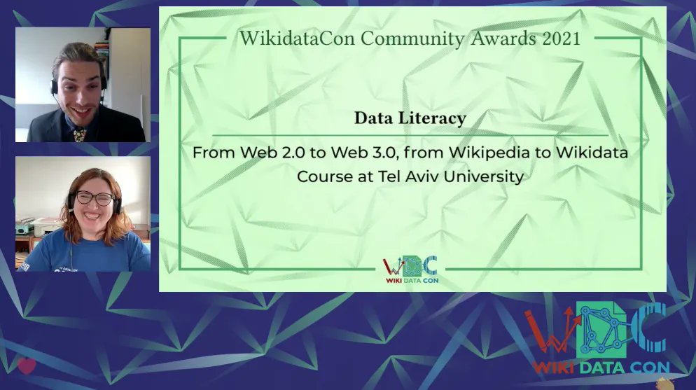My course at <a href="/TelAvivUni/">Tel Aviv University</a>, "From Web 2.0 to Web 3.0, from Wikipedia to Wikidata", has just won the "Data Literacy" community award at WikidataCon. Honored, humbled and thankful. Nothing beats being recognized by your own community. Here's to exploring new frontiers together! 🥂