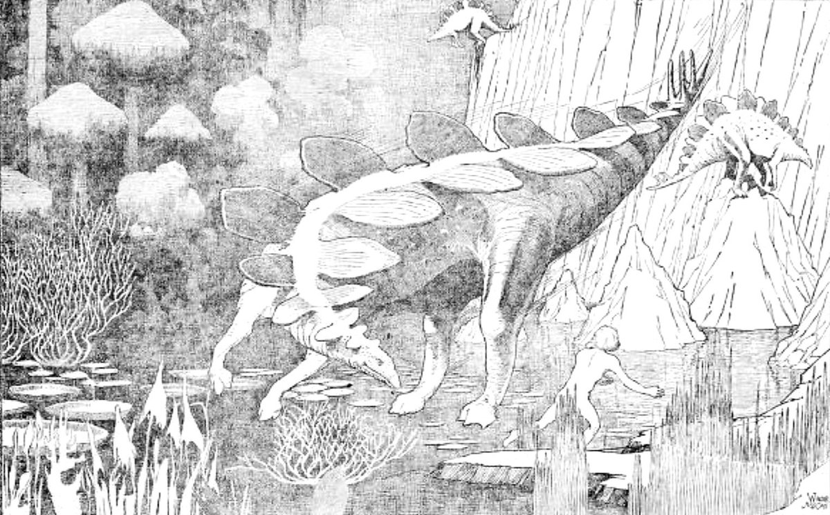 VincentReneleau's tweet photo. Et si Stegosaurus était capable de planer? Mettez ses plaques à l'horizontale et hop! Un planeur! Cette étrange idée a été publiée par l'ecrivain W.H. Ballou dans le journal Ogden Standard-Examiner en 1920. On voit sur l'illustration des Stegosaures sautant du haut des rochers. https://t.co/DMOeD3wOKf