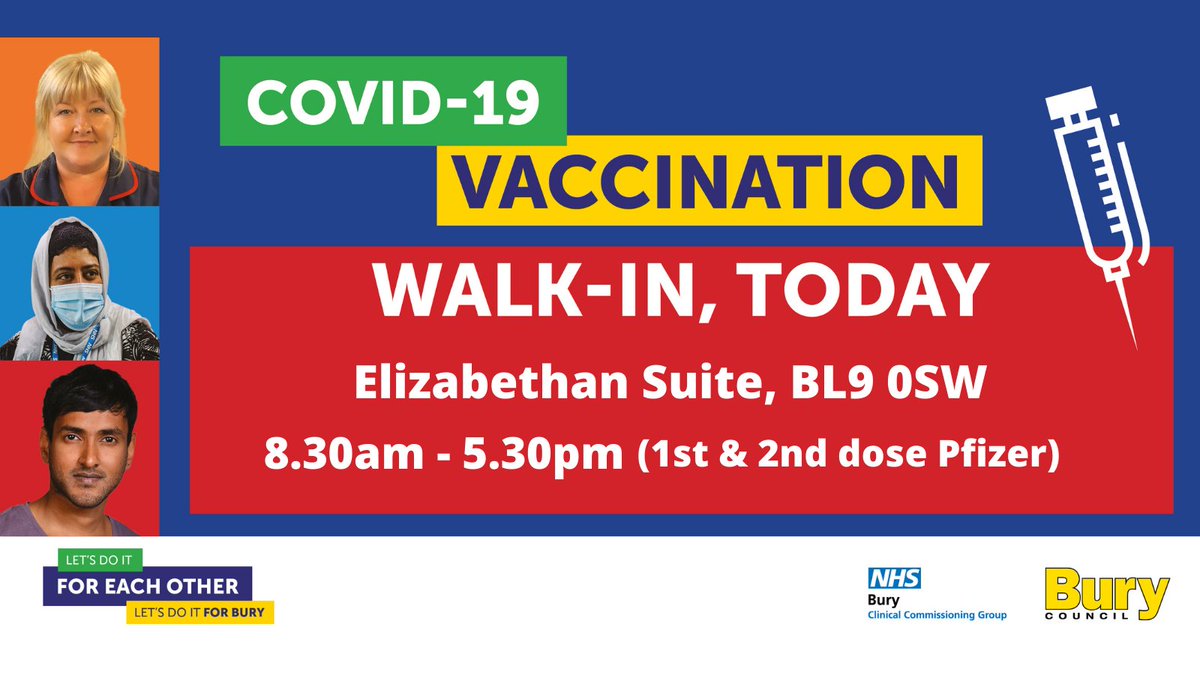 BuryCouncil's tweet photo. ‼️Walk in 1st &amp; 2nd Pfizer clinic TODAY (30 Oct)‼️
Elizabethan Suite, Town Hall, Knowsley Street, Bury, BL9 0SW
8.30am - 5.30pm
For anyone 16+ 👍
2nd doses welcome if 1st dose was 8+ weeks ago✌️
 @NHSBuryCCG https://t.co/b4dk536vBJ