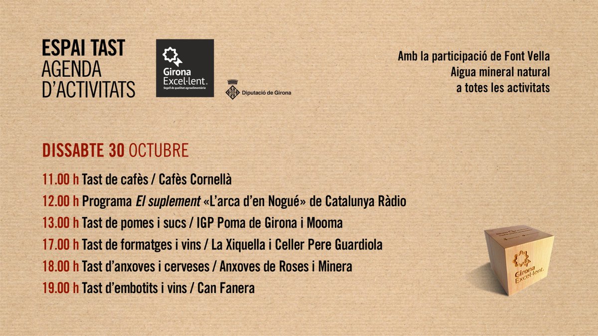 ExcellentGirona's tweet photo. Seguim! Avui tasts de👇
✅11h @CafesCornella
✅12h «L’arca d’en Nogué» @CatalunyaRadio
✅13h Pomes i sucs amb @pomadegirona @sidreriamooma
✅17h Formatge i vi amb @laxiquella #PereGuardiola
✅18h Anxoves i cervesa amb @AnxovesRoses @cervesaminera
✅19h Embotit i vi amb #CanFanera https://t.co/LnoM36VRHo