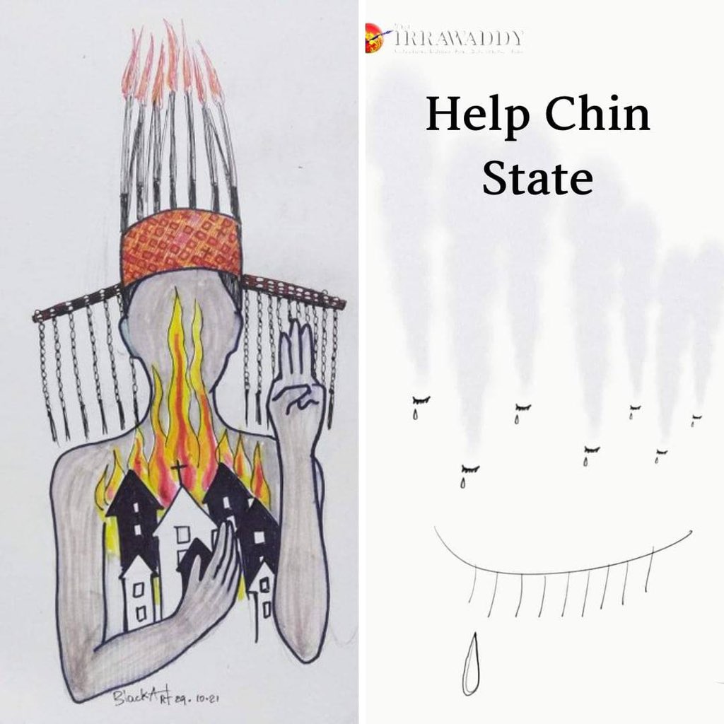 Chin State In Thantlang, heavy artillery fire by SAC destroyed burnt down many homes and churches.Local are fleeing the war.Refugees in Mindat,are also in need of food and medicines.War is raging in various parts of Chin State. #HelpChinState #WhatsHappeninglnMyanmar