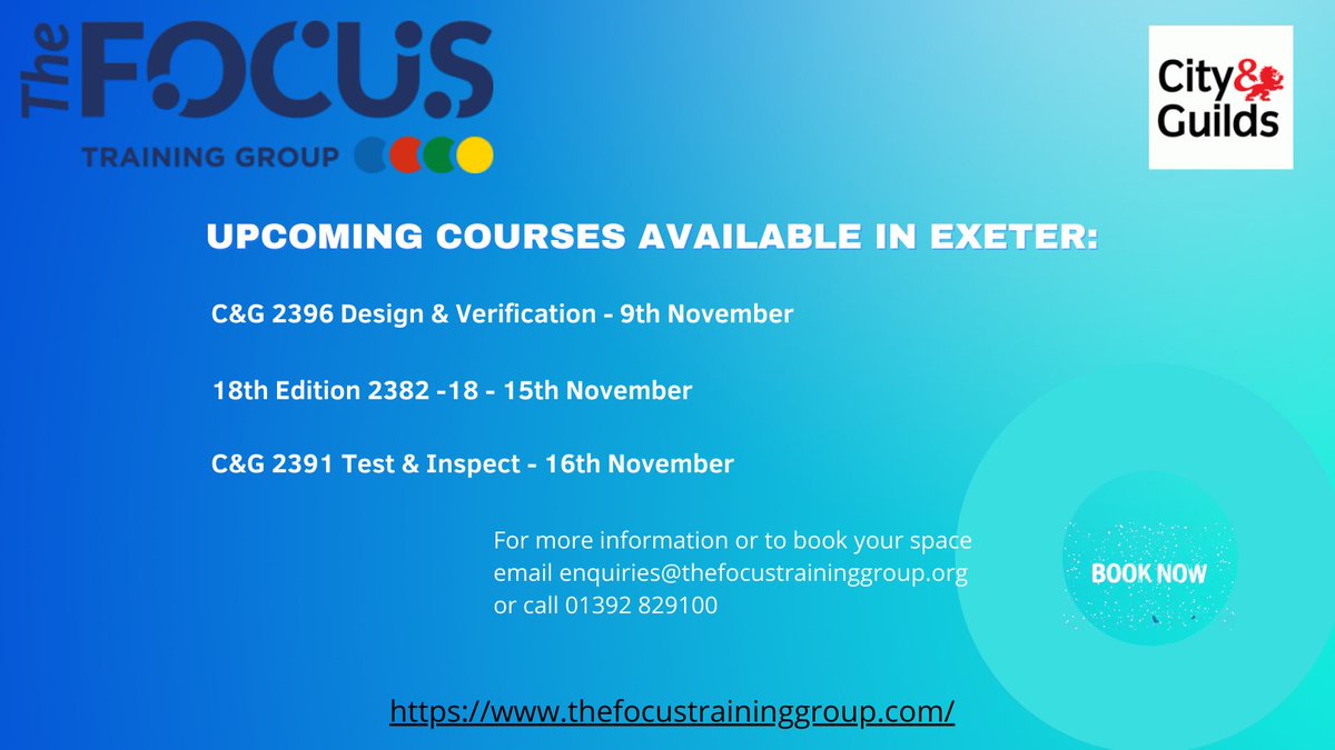 focustrainingsw's tweet photo. There are a few spaces left on these courses,
don't miss out book now!
Enquiries@thefocustraininggroup.com 01392 829100
#Electricalcourses #skillsforlife #training #Exeter #18thedition #cityandguilds https://t.co/mpXV7XkQvP