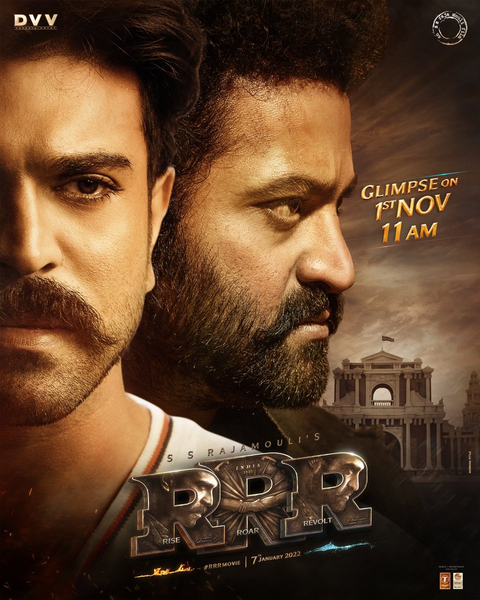 Releasing a 45 second glimpse of #RRRMovie on Nov 1st at 11 AM. 
🔥🌊

#RRRGlimpse 🤟🏻⚡️

@ssrajamouli @tarak9999 @AlwaysRamCharan @mmkeeravaani @ajaydevgn @aliaa08 @oliviamorris891 @DVVMovies @PenMovies @jayantilalgada