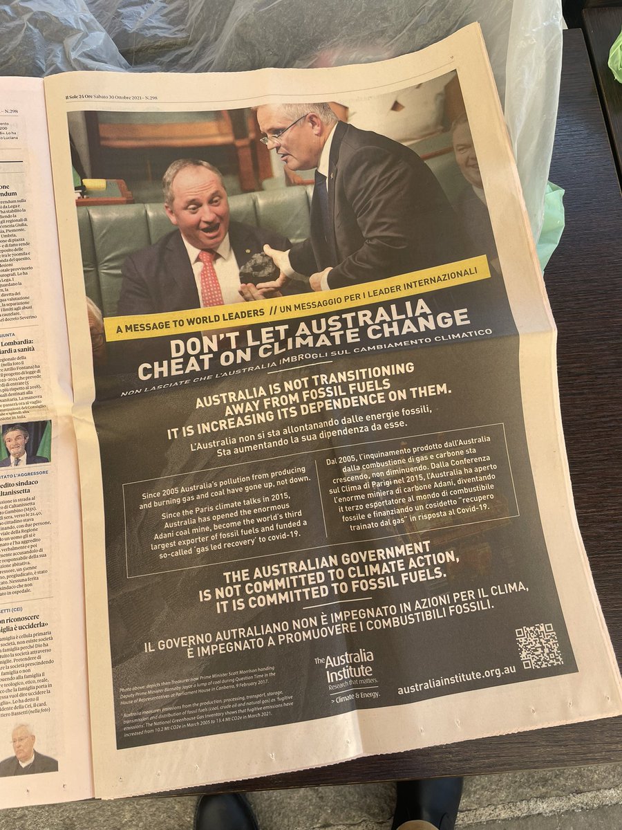 Good morning from Rome, where readers of Italy’s Il Sore 24 Ore will see this message to Scott Morrison ahead of the G20 - climate is on the agenda <a href="/SBSNews/">SBS News</a>