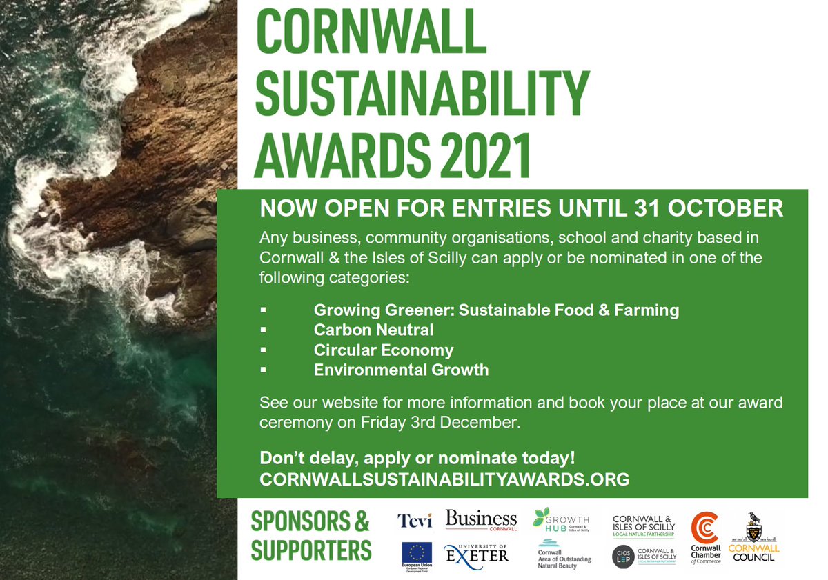 It's your last chance to nominate businesses, community organisations, charities and schools for the Cornwall Sustainability Awards 2021. 

Click here to nominate your champions: bit.ly/3hi4j8m