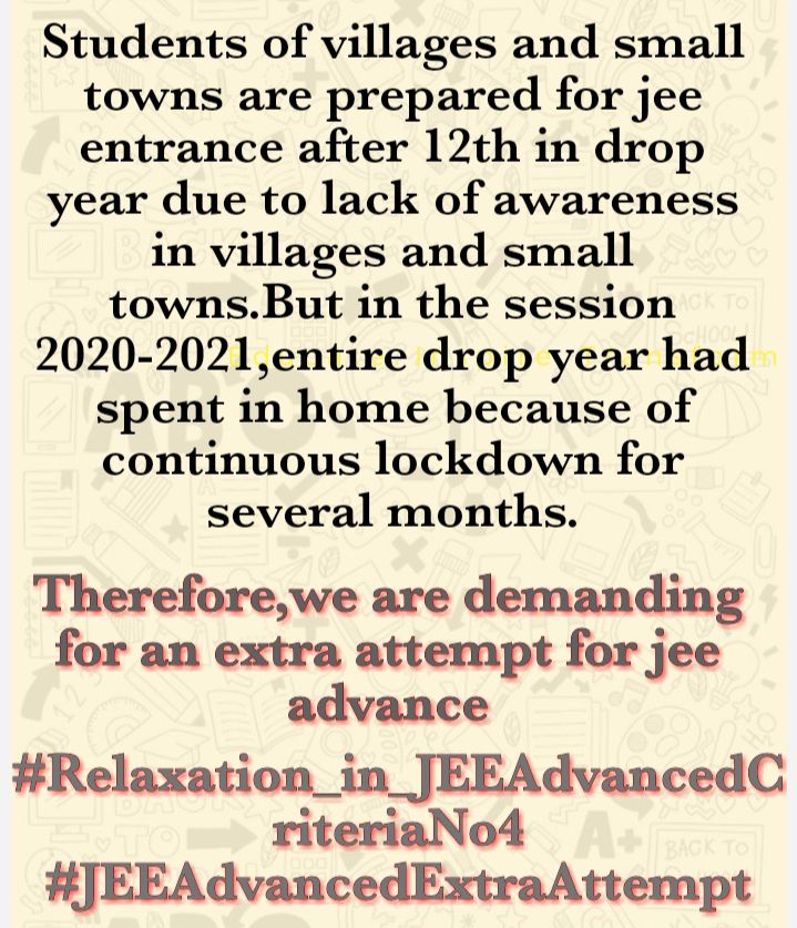 J3rdattempt's tweet photo. Sir please reconsider JEE (Advanced) 2022 BROCHURE,pls sir
#JEEAdvancedExtraAttempt 
#Relaxation_in_JEEAdvancedCriteriaNo4
@iitbombay @iitdelhi @ramgopal_rao 
@dpradhanbjp @narendramodi @PMOIndia @IITGuwahati @iitmadras
@Swamy39 @mohittyagi @anubha1812 
@AdvMamtaSharma https://t.co/fseb9tisIP