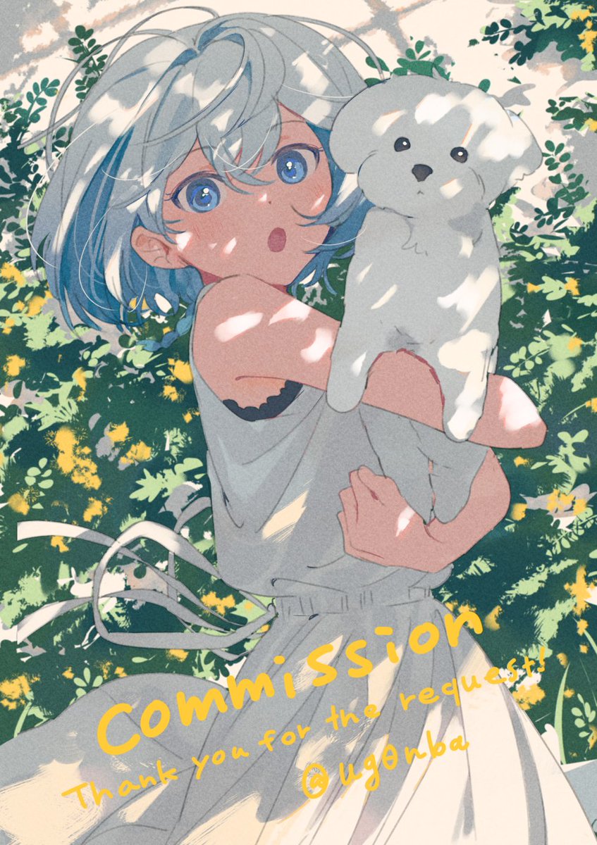 1girl blue eyes dress dog white dress animal holding animal  illustration images