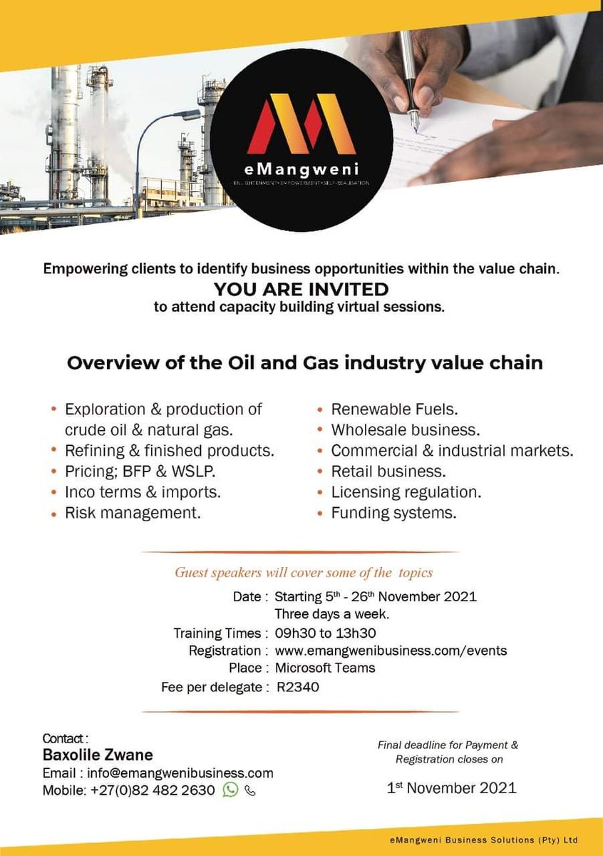 EmangweniS's tweet photo. Interested in the Overview of the Oil and Gas Industry Value Chain? 

🆕️ Introducing Renewable Fuels

🗓️ Starts 5th Nov 2021 

🌍 For more information https://t.co/cryf5m9KPY

❓Any enquiries 
📲 whatsapp +27824822630. 

#trading #CrudeOil #logistics #LPG #LNG #KeaDrive #DJSBU https://t.co/TEsOdkAZ8u