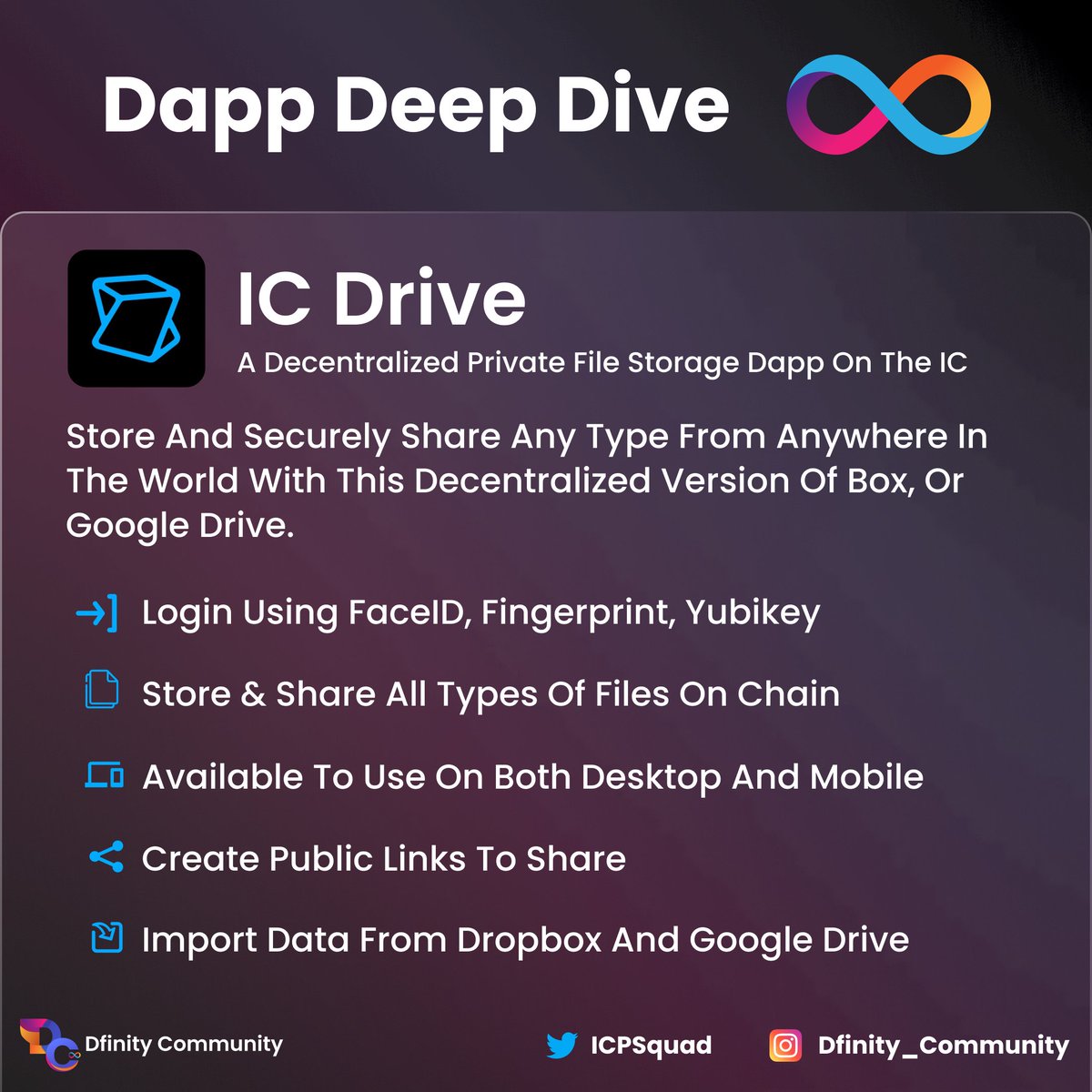 Put an end to giving your data to big tech! 🕵️‍♂️ 👀 🔓 

With <a href="/icDrive/">IC Drive</a> you can use the power of the #InternetComputer
to keep your data safe! 🔐