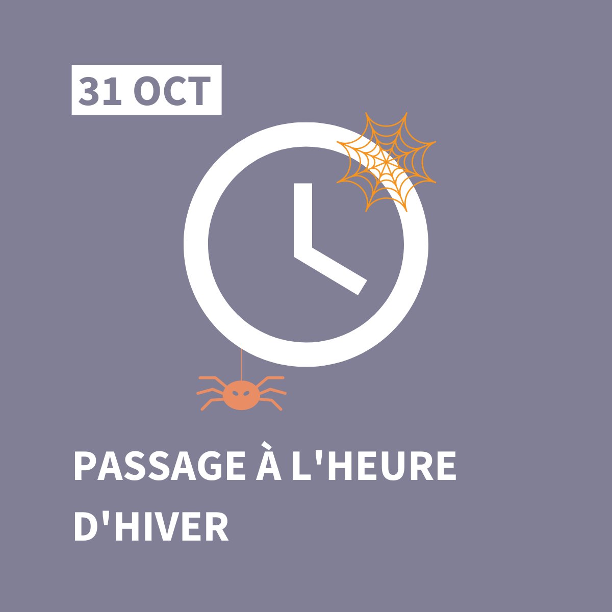 🕓 Ce weekend, on doit remettre les pendules à l'heure !
C'est le moment de passer à l'heure d'hiver ❄ qui aura lieu de la nuit du samedi 30 au dimanche 31 octobre.

#changementdheure