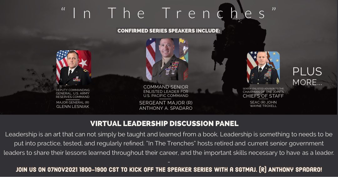 danwil41's tweet photo. #LeadersAreLearners 
-
While in EBOLC, I have started a virtual LPD opportunity for Soldiers at #FtLeonardWood titled “In the Trenches”
-
Excited to have Retired SGTMAJ of INDOPACCOM Anthony “Spuds” Spadaro (@aaspadaro) as the inaugural guest! https://t.co/UNXBfbi5S4