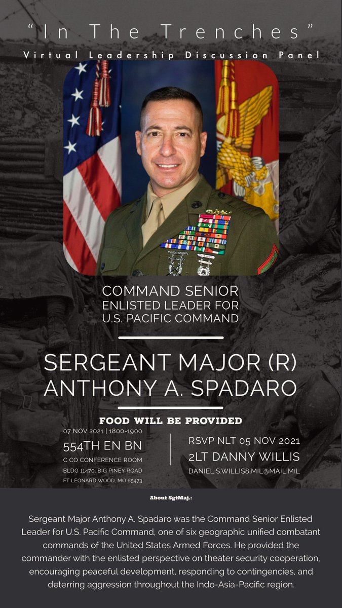 danwil41's tweet photo. #LeadersAreLearners 
-
While in EBOLC, I have started a virtual LPD opportunity for Soldiers at #FtLeonardWood titled “In the Trenches”
-
Excited to have Retired SGTMAJ of INDOPACCOM Anthony “Spuds” Spadaro (@aaspadaro) as the inaugural guest! https://t.co/UNXBfbi5S4