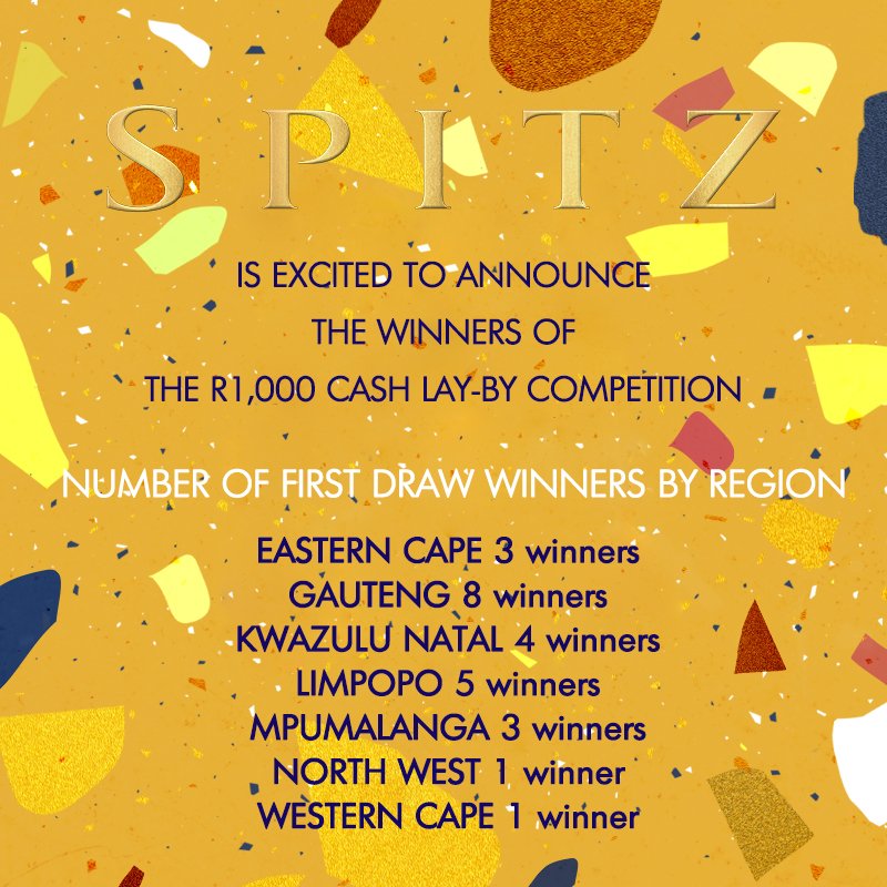 We look forward to announcing more winners in the weeks to come! You, too, could stand a chance to be 1 of 1000 winners of WIN R1 000 cash by settling a new or existing lay-by at Spitz before 24 December 2021. 

Terms and Conditions Apply: bit.ly/3B3ocrD