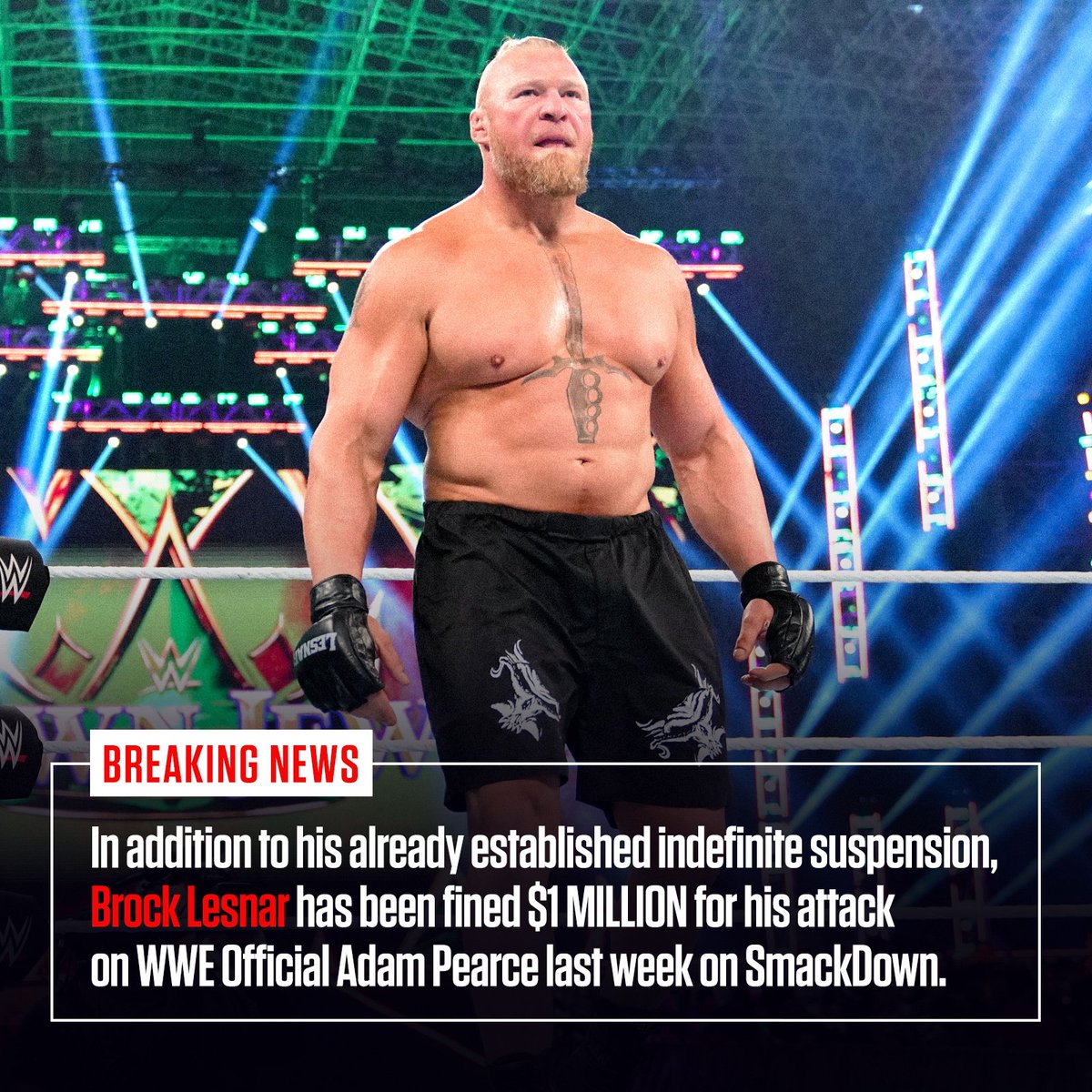🔵 Brock Lesnar a été condamné à une amende de 1 million de dollars suite à son attaque sur Adam Pierce. #SmackDown