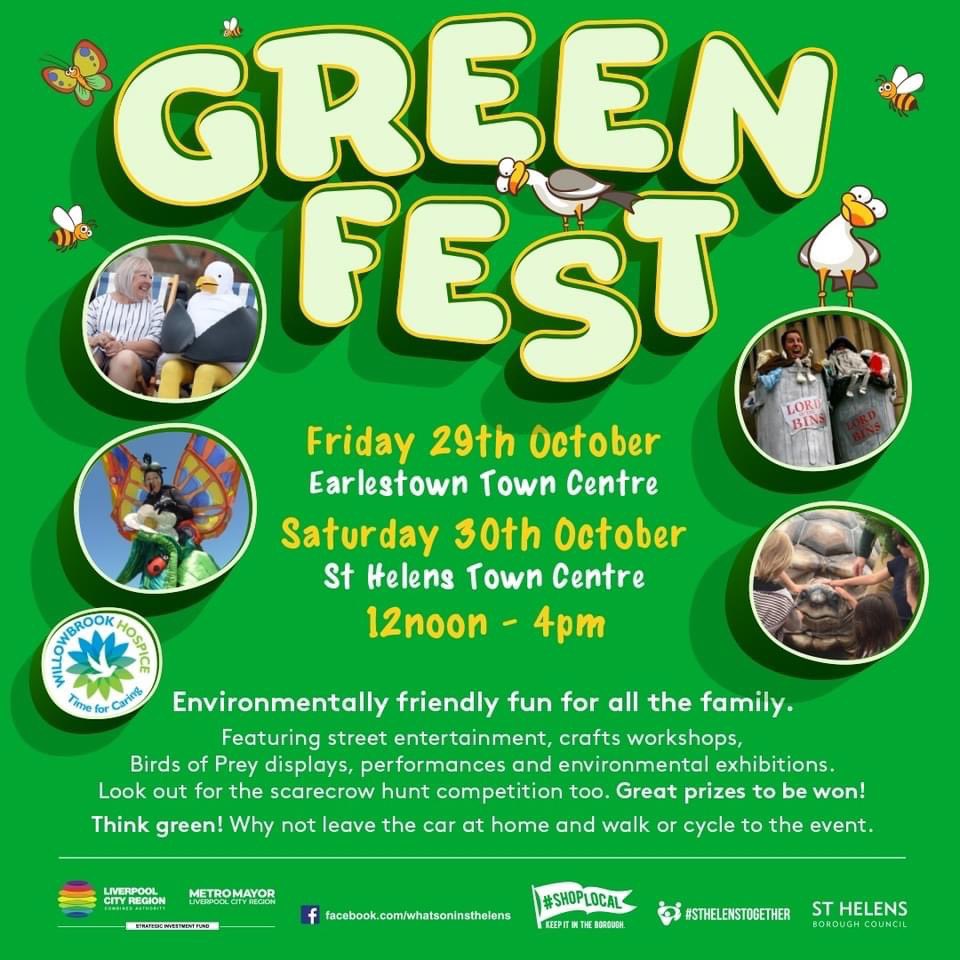 It’s #GreenFest in #StHelens town centre today! Free family fun between 12noon-4pm including: 🐢 street entertainment 🖌️ craft workshops 🦅 Birds of Prey displays 🌎 Environmental exhibitions 🥗 #Vegan for & drink
