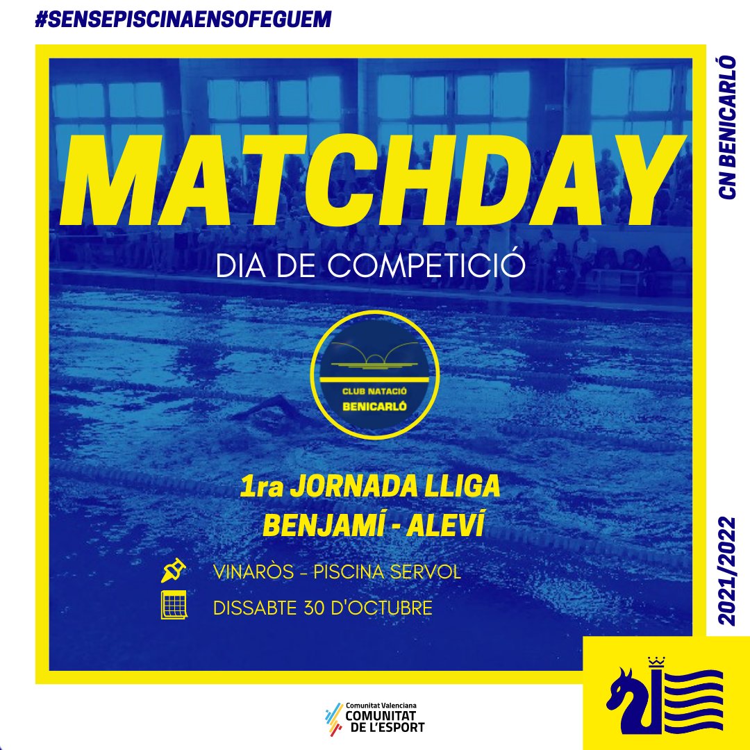 CN_Benicarlo's tweet photo. 🏊🎃 DIA DE COMPETICIÓ
⚔️ 1a jornada Lliga Benjamí i Aleví
🏟️ Piscina Servol de Vinaròs
⌚ 17.15 hores
👥❌ Competició a porta tancada
➡️ Enllaç sèries i resultats en directe:
https://t.co/39fL8Bq6ZZ
#SensePiscinaEnsOfeguem
#CNBenicarló💙💛
#Eactivate
#ComunitatDeLEsport https://t.co/Pk5oxQb6SB