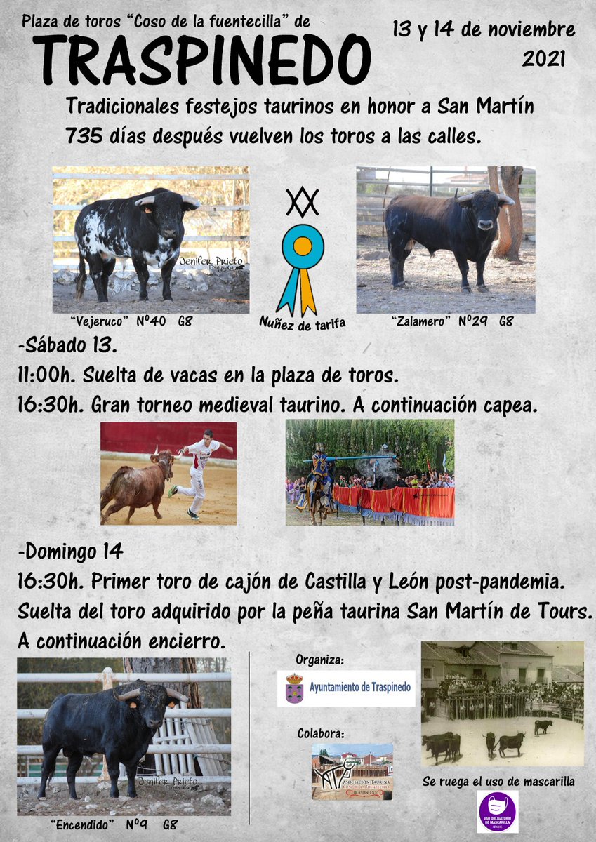 735 días después.
VUELVEN LOS TOROS A LA CALLE EN TRASPINEDO Y LOS TOROS DE CAJÓN A CASTILLA Y LEON. 3 NOVILLOS TOROS DE NUÑEZ DE TARIFA PARA EL REGRESO DEL TORO EN LA CALLE. 
ORGULLO.