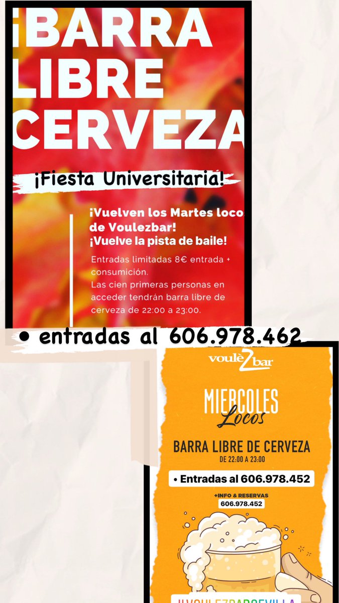 #FIESTA #UNIVERSITARIA #VOULEZBAR #martes y #miercoles !

🍺LAS CÍEN PRIMERAS PERSONAS BARRA LIBRE DE 22:00 a 23:00🍺 

• ENTRADAS AL 606.978.452. 

• Apertura 22:00 hasta las 06:00. 

#sevilla #sevillasesale #sevillanos #sevillanoche #sevillafiesta #upo #us