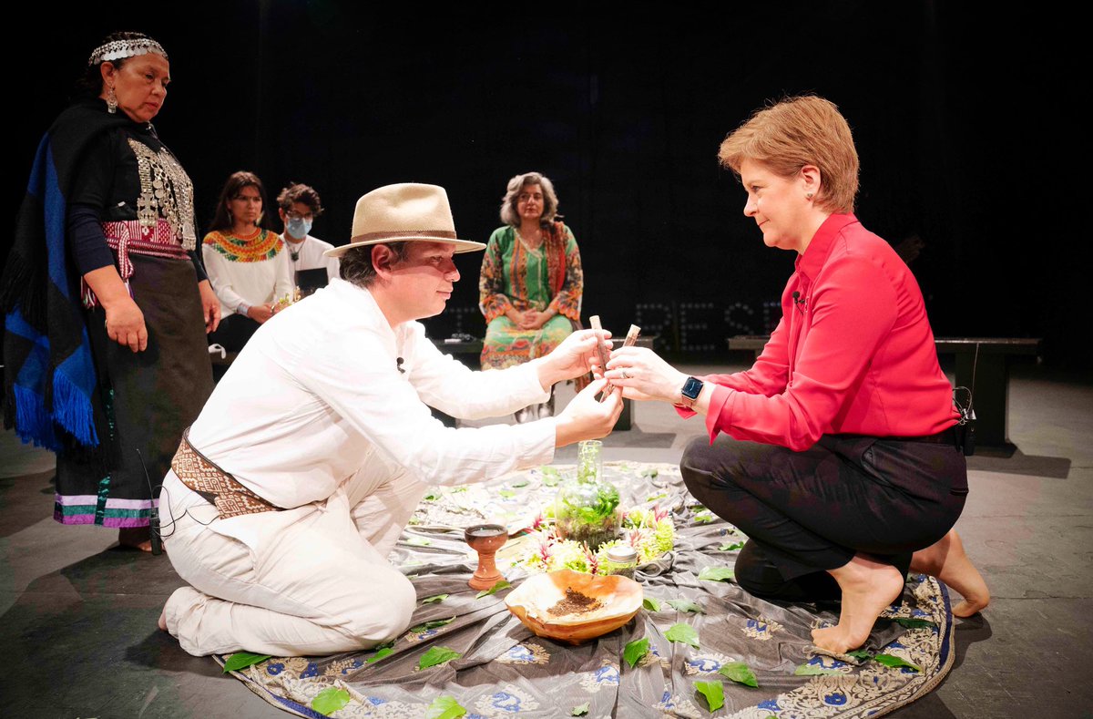 First Minister Nicola Sturgeon welcomes Mapuche leader and Minga Indigena Lead Coordinator Claflin Lafkenche (left) alongside indigenous delegates at a ceremonial gathering at the Tramway, Glasgow in a symbolic gesture to mark a unified demand for climate justice #Glasgow #COP26