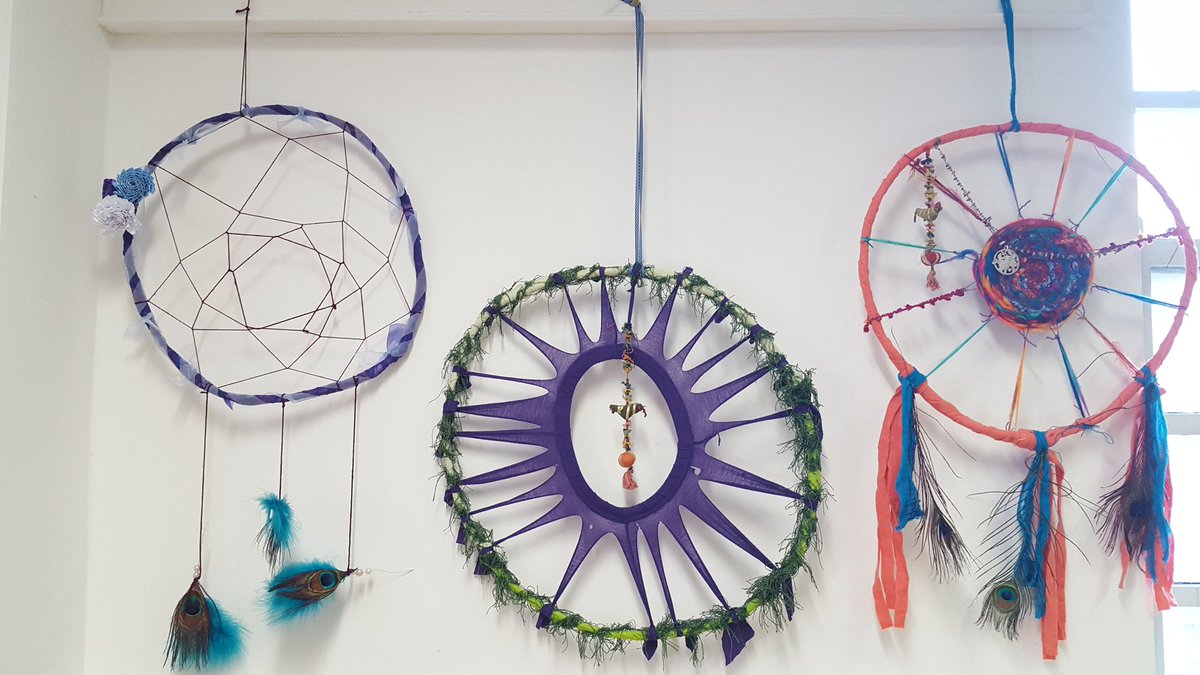 BureauBlackburn's tweet photo. Some Dreamweaving hoops made using weaving, tying &amp; freehand techniques at today's free workshop till 4pm. Free parking for our events.
Print making workshop downstairs  cafe &amp; exhibition open
#craftscouncilat50  #makecraftlive  #BTBFRINGE2021  @TextileBiennial  @CraftsCouncilUK https://t.co/pxOHBlO5UI