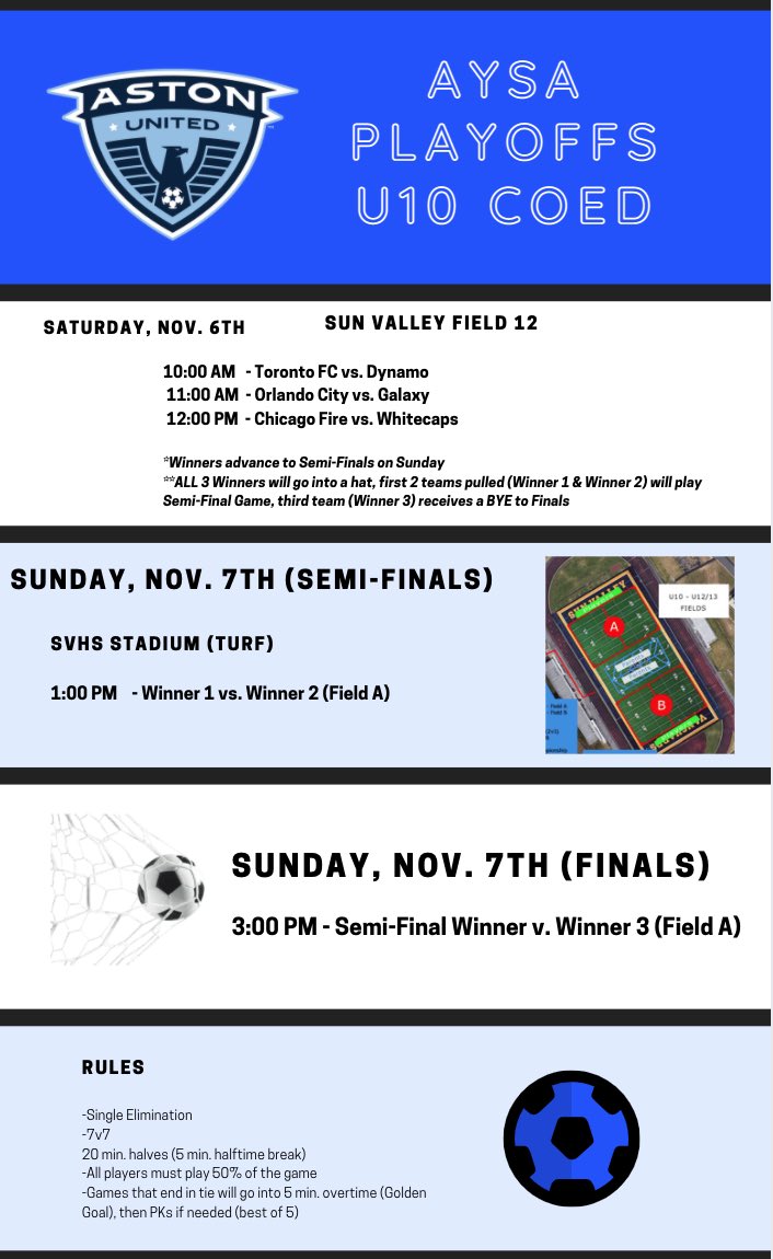 AngelaSands048's tweet photo. On Saturdays…. We soccer!!  Except this Saturday.🌧  All Intramural, PeeWee and U6 are canceled for today.  Hopefully everyone is able to enjoy the rain break.

Next weekend we will ⚽️!  Intramural PLAYOFFS!! 🏆  Pictures show the schedules.  

Good luck⚽️
#aysa #getyoursocceron https://t.co/ro5V4mimpQ