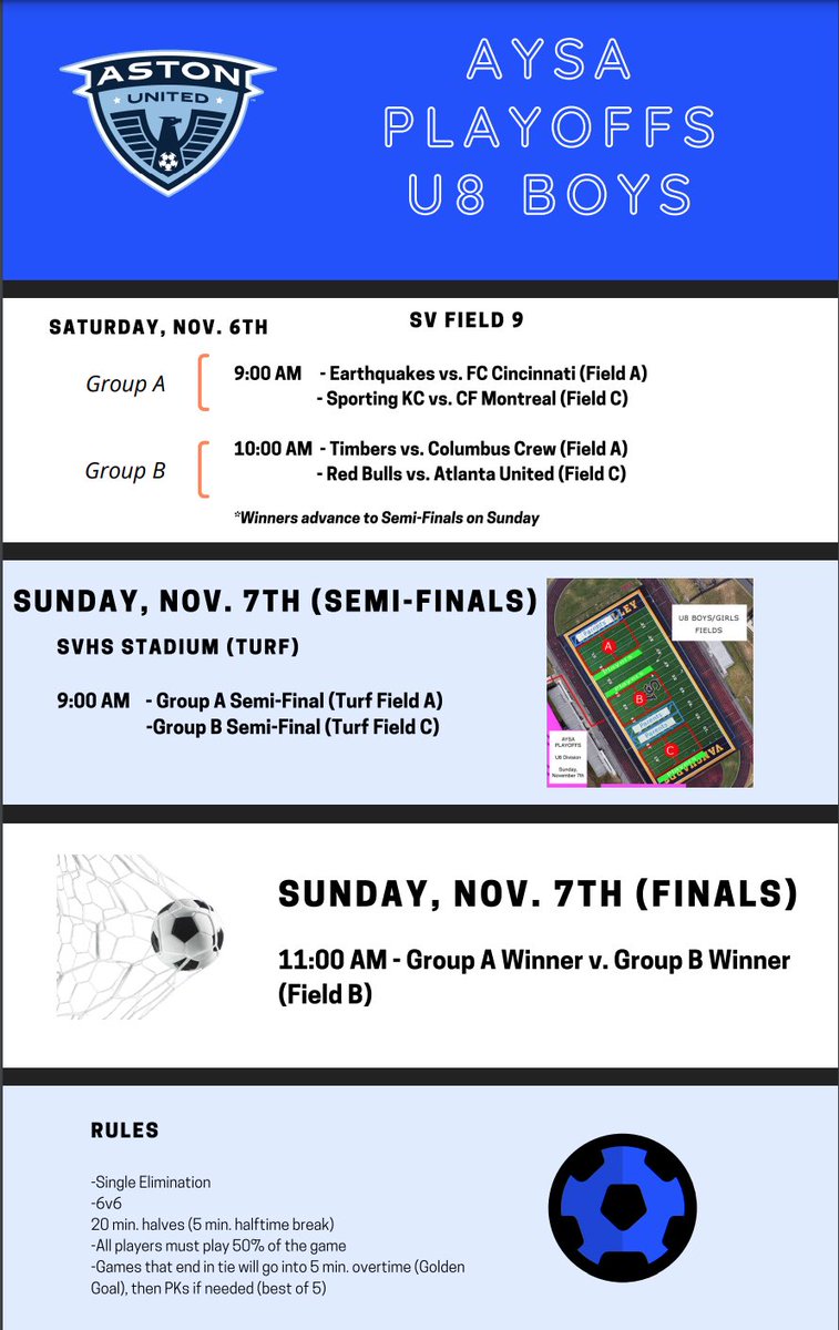 AngelaSands048's tweet photo. On Saturdays…. We soccer!!  Except this Saturday.🌧  All Intramural, PeeWee and U6 are canceled for today.  Hopefully everyone is able to enjoy the rain break.

Next weekend we will ⚽️!  Intramural PLAYOFFS!! 🏆  Pictures show the schedules.  

Good luck⚽️
#aysa #getyoursocceron https://t.co/ro5V4mimpQ