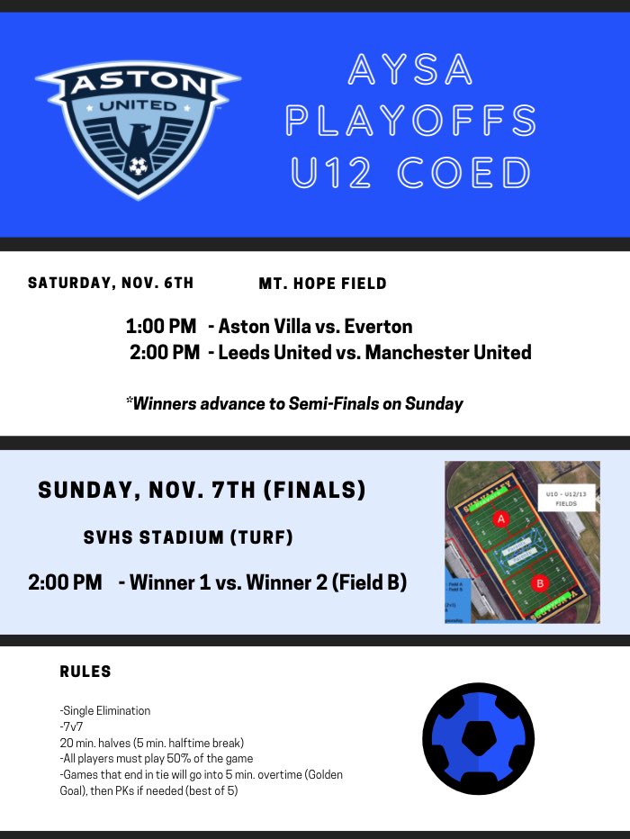 AngelaSands048's tweet photo. On Saturdays…. We soccer!!  Except this Saturday.🌧  All Intramural, PeeWee and U6 are canceled for today.  Hopefully everyone is able to enjoy the rain break.

Next weekend we will ⚽️!  Intramural PLAYOFFS!! 🏆  Pictures show the schedules.  

Good luck⚽️
#aysa #getyoursocceron https://t.co/ro5V4mimpQ
