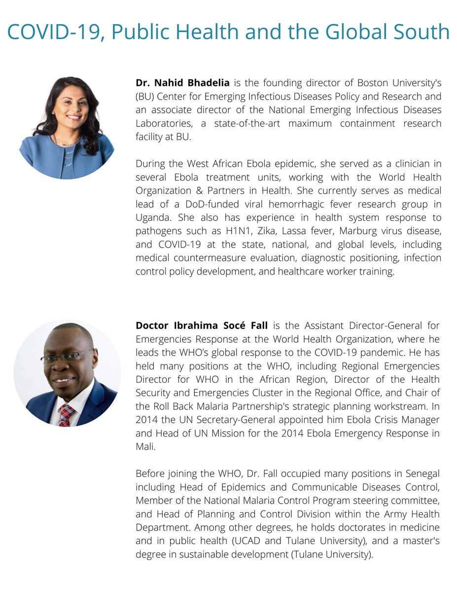 dirfletcher's tweet photo. Our last session that wraps up #DIR2021 will have @BhadeliaMD asking critical questions to panelists @SoceFallBirima, @KatherineEBliss, &amp; @sraglaw about #COVID19, public health, &amp; the global South. #DeconstructingPower https://t.co/SoBown6Vmr