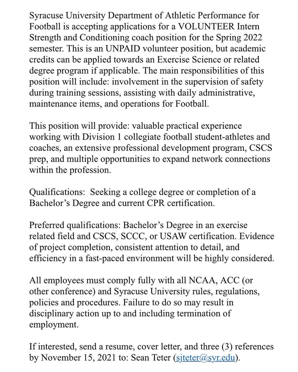 cusefb_strength's tweet image. Syracuse Football Athletic Performance is accepting applications for Spring 2022 unpaid interns. If interested, please email Sean Teter at sjteter@syr.edu. Include cover letter, resume, and 3 references.