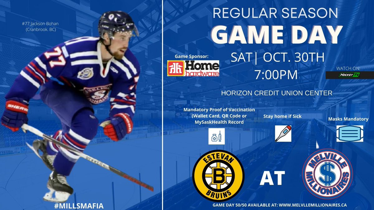 REGULAR SEASON GAME DAY:

The Millionaires wrap up their homestand tonight hosting the <a href="/estevanbruins/">Eagle Sky Estevan Bruins</a>. 

Puck drop 7:00PM from the HCUC and you can also catch the game on <a href="/MyHockeyTV/">HockeyTV</a>. 

Game Day 50/50 is on sale now at sk.tap5050.com/apex/f?p=127:P…

#MillsMafia #TheTraditionContinues
