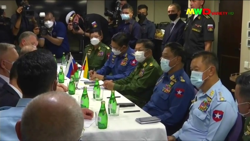 DVB_English's tweet photo. Min Aung Hlaing today met with the Deputy Commander-in-Chief of the Russian Navy, Vice-Admiral Vladimir Kasatonov, aboard a Gremyashchy-class corvette which had been escorted to the MITT jetty in Thilawa, Yangon, by the Myanmar Navy. 1/3 https://t.co/lpQkYMo84f