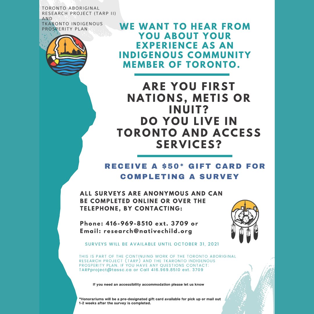 NCFST's tweet image. Are you First Nations, Metis, or Inuit, living in Toronto? Do you have access to services? We want to hear your experience as an Indigenous community member! Please complete the survey and receive a $50 gift card!

Contact us: 416-969-8510 ext. 3709 or research@nativechild.org