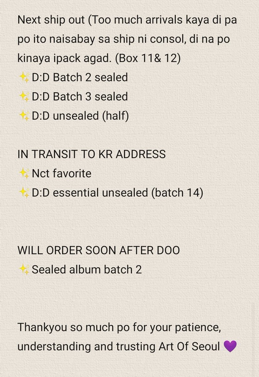 ArtOfSeoulPH's tweet photo. #AOSUpdates @ArtUpdate

MASS UPDATE AS OF OCT 30~

Thankyou so much po for trusting @ArtOfSeoulPH 🥺❤️ 3 boxes ay estimated arrival sa ph port sa nov 1 sabi ni umac so mga mid nov andito na yon. For other boxes, unti unti na po pinapack ni consol. Salamat po😊 https://t.co/MdwKYrPchF