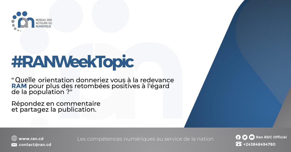 RanRdcOfficiel's tweet photo. #RanWeekTopic : Merci de répondre en commentaire et de retweeter. Excellent weekend ! #RANRDC @ptntic @OfficielArptc @numeriquecd @sidolat @Djofalanga https://t.co/lO0oMLp04e