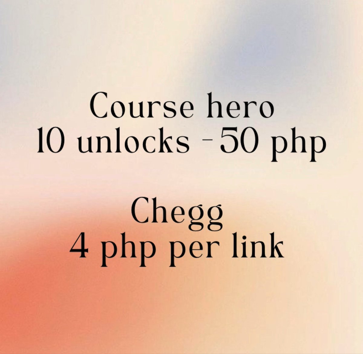 prems_bb's tweet image. course hero
10 unlocks - 50 php 

chegg
4 php per link 

🏷 lfb wts premium accounts netflix spotify youtube premium canva pro grammarly viu crunchyroll iflix vip hulu disney plus quizlet zoom quillbot scribd chegg coursehero cheap affordable mura premium