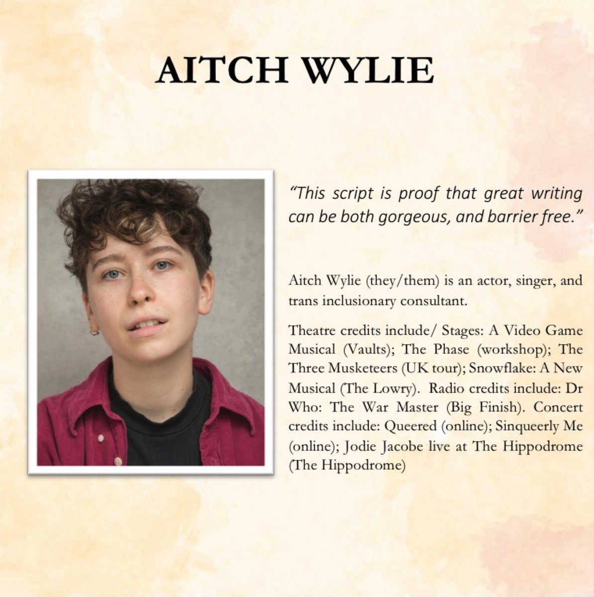 OurLastFirst's tweet photo. 💡Spotlight on💡…
@AitchWylie !!

The final actor of our fabulous four! Aitch has been involved with OLF since it’s first casted zoom read through in March 2021. We are thrilled they are still part of its journey!

#ourlastfirst #uniontheatre #newwriting #newtheatre https://t.co/dhhNWgSOd4