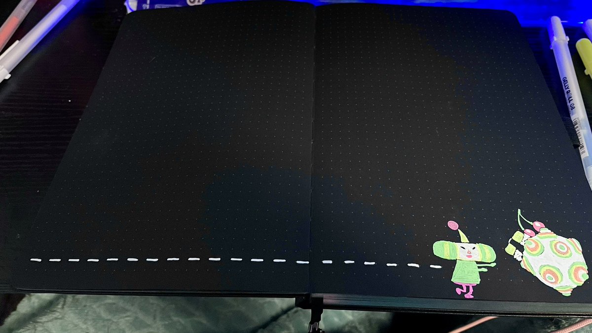 Shayded's tweet photo. I drew the prince of all cosmos in my dot journal with my gel pens because I had the colors and just…why not? This game has a special place in my heart. ❤️ No idea what I’m going to do with these pages, though. 😅 #journaling #dotjournal #bulletjournal #katamari https://t.co/ul4Xa3M9Th