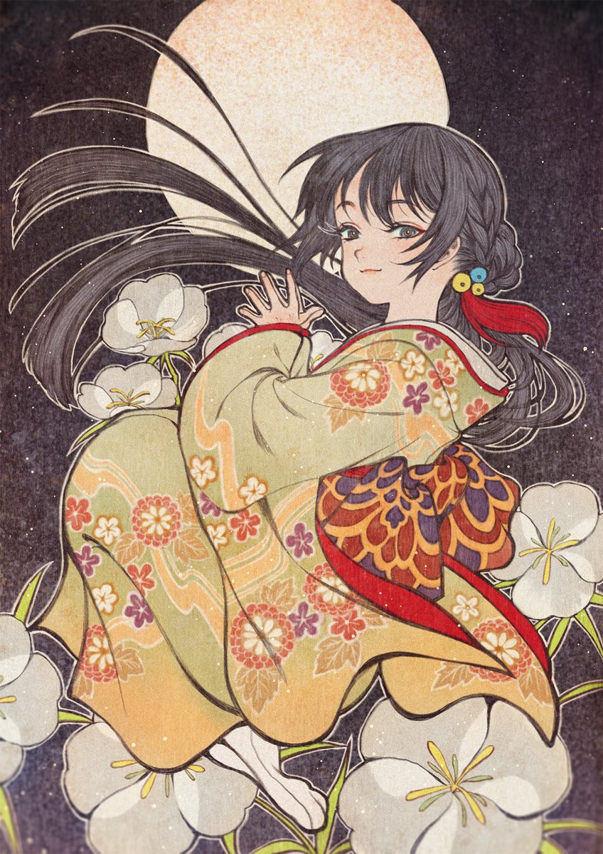 1girl japanese clothes solo flower kimono long hair black hair  illustration images