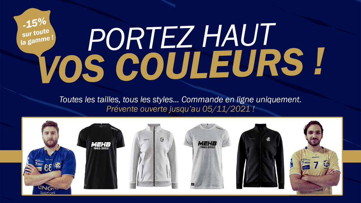 MEHB_officiel's tweet photo. 𝐏𝐎𝐑𝐓𝐄𝐙 𝐇𝐀𝐔𝐓 𝐕𝐎𝐒 𝐂𝐎𝐔𝐋𝐄𝐔𝐑𝐒 ! 💙💛
🔥 Le #MEHB lance une boutique éphémère en ligne ! Précommande disponible jusqu'au vendredi 𝟬𝟱/𝟭𝟭/𝟮𝟬𝟮𝟭, 23h59. Ne perdez pas de temps pour commander vos équipements !
📱 LIEN DE LA BOUTIQUE : https://t.co/7NQsOMW7HH https://t.co/Wxbr26Trmt