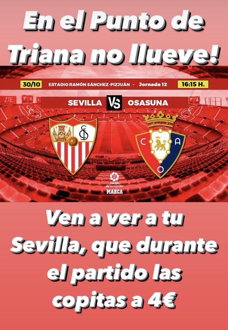 CerveElPunto's tweet photo. En el Punto de Triana no llueve!! Ven a ver a tu sevilla, que durante el partido las copitas a 4€ 😁 https://t.co/09FeksPtdv