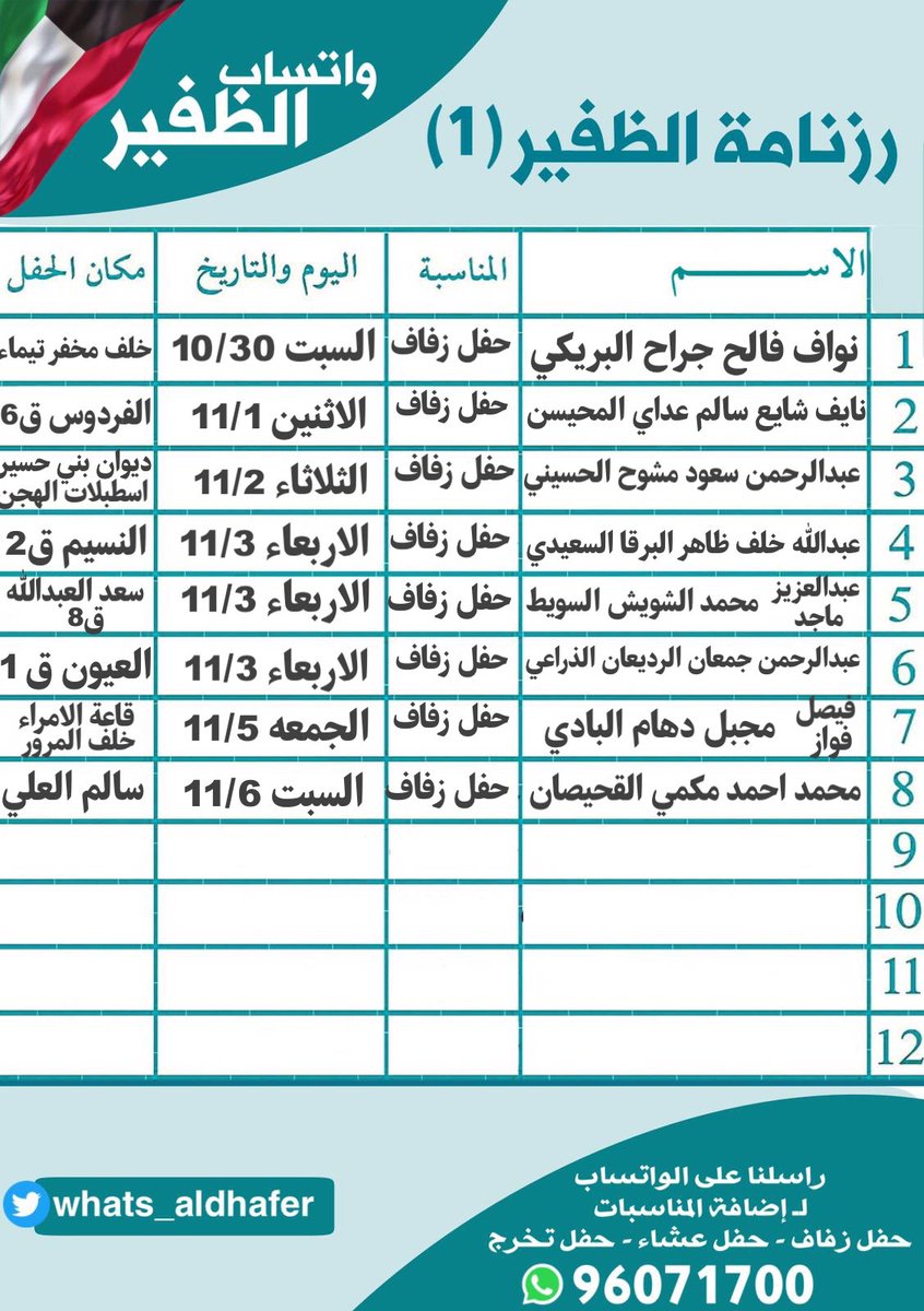 رزنامة #الظفير للمناسبات 
 لإظافة مناسبة او تعديل 
يرجى مراسلتنا على الواتساب 
96071700