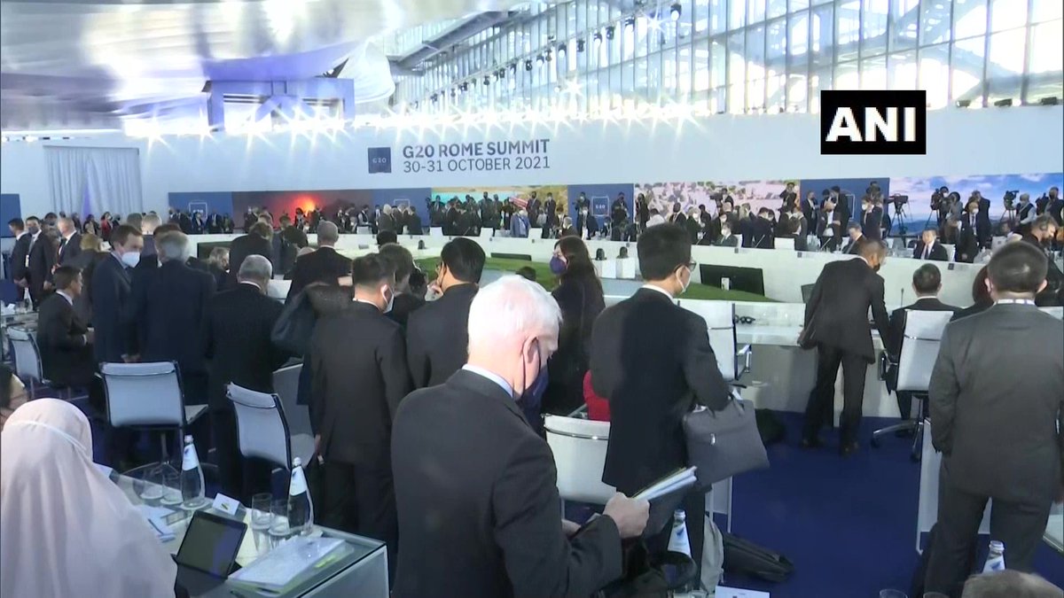 ANI's tweet photo. G20 Summit: PM Narendra Modi and other world leaders participate in session on 'Global Economy and Global Health (Working Lunch)' at Roma Convention Centre in Rome, Italy https://t.co/gQg0uKpDRM