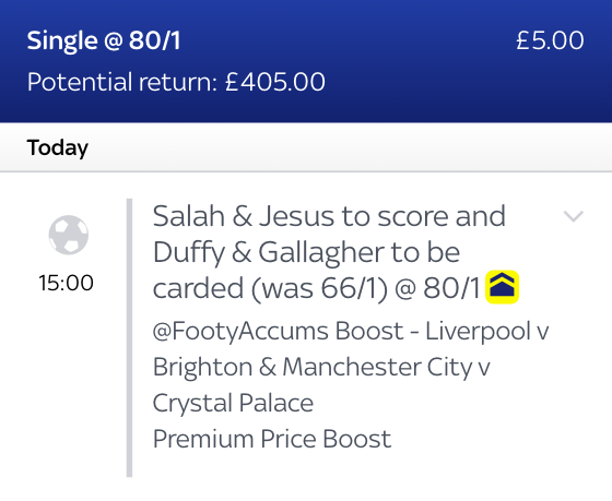 Our Premium Boost for today's 3pm action is LIVE!💥

🇪🇬 Salah to score
🇧🇷 Jesus to score
🇮🇪 Duffy carded
🏴󠁧󠁢󠁥󠁮󠁧󠁿 Gallagher carded

WAS: (66/1 as of 9am 30/10)
NOW: 80/1 for ALL customers

Anyone want this exclusive link?

#ad 18+ begambleaware.org