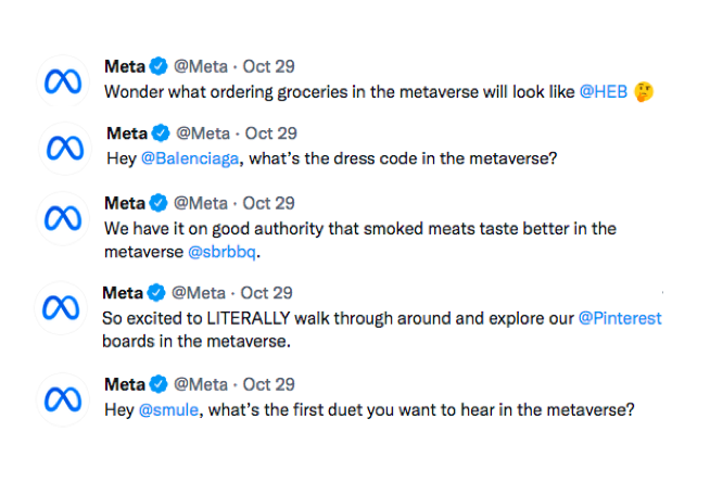 VikkiRossWrites's tweet photo. For all I know, this lot have big things planned together but right now @Meta looks like someone desperately trying to make friends around here https://t.co/Zm6MVBazXh