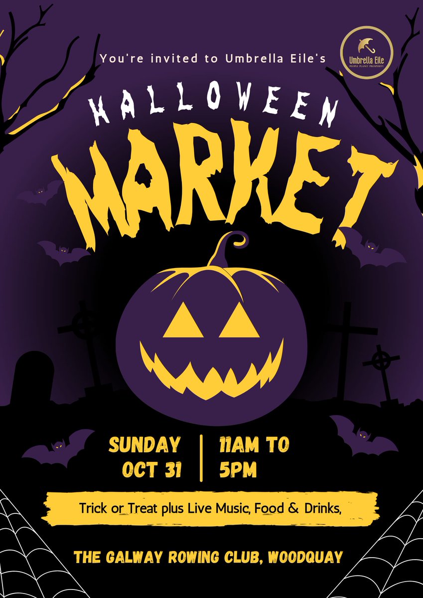 UmbrelaLeCheile's tweet photo. It's tomorrow!! Join us at the Galway Rowing Club for our Spooktacular Halloween Market! 11am to 5pm you'll find fabulous local products as well as coffee, burgers, treats and face painting! #galway #halloween #halloween2021 @Galway_Rowing https://t.co/RXqt3n92Sf