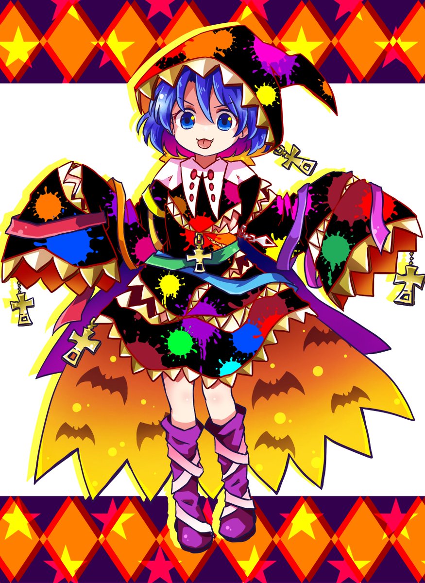 tenkyuu chimata 1girl solo blue hair blue eyes tongue tongue out halloween  illustration images