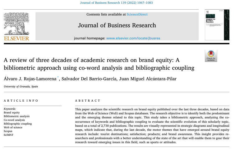 SdelBarrio's tweet photo. Recién publicado "A review of three decades of academic research on brand equity: A bibliometric approach using co-word analysis and bibliographic coupling" en Journal of Business Research (JBR) con @Al_Rojas91 y @Jmi_Alcantara #OpenAccess #BrandEquity  
https://t.co/BKxM7e0CoU https://t.co/JaN7pXaK3L