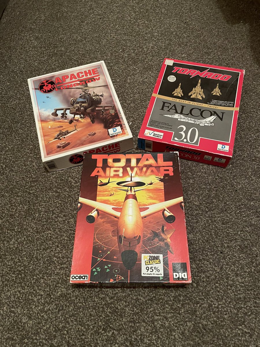 desktopsimmer's tweet photo. More retro flight sim goodness. Tornado and Falcon 3.0 (with bonus Merlin Challenge), Total Air War, and Apache Longbow, #dosgaming #dos #retro #pcsimulator #retrogaming #retroflightsimulator https://t.co/2fJvGgABoz