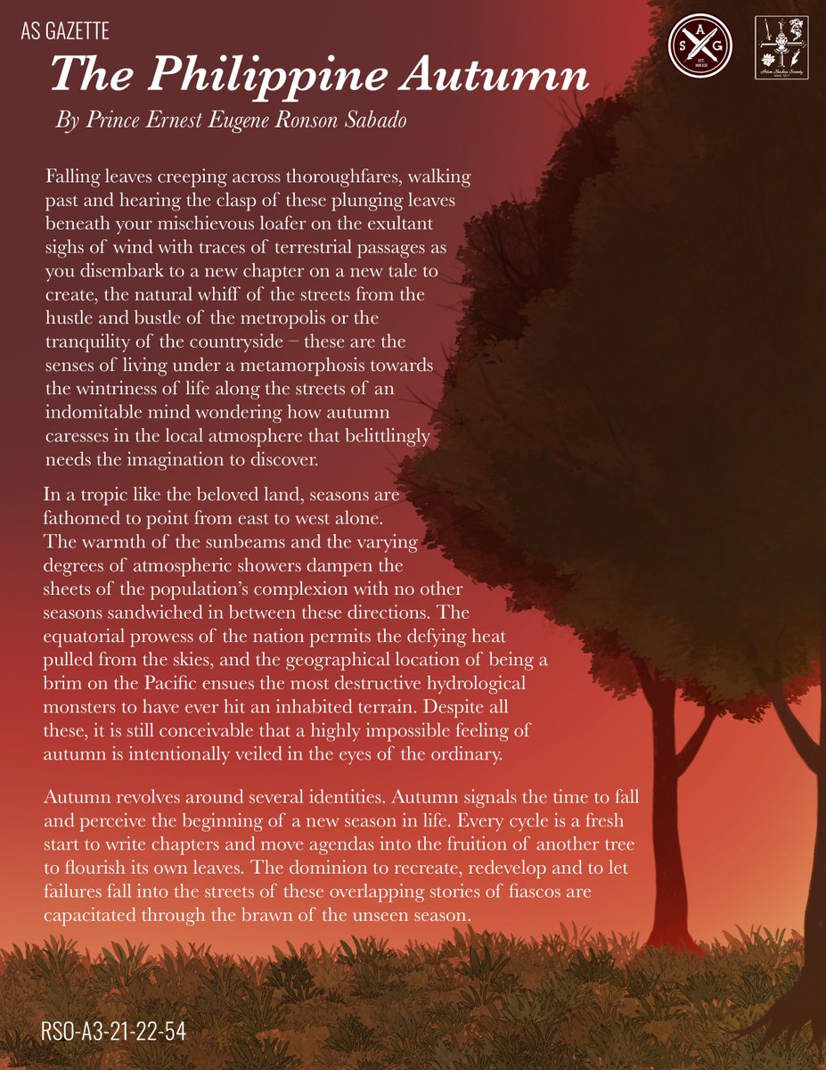 UST_ASGazette's tweet photo. The Philippine Autumn
By Prince Ernest Eugene Ronson Sabado
#ASGazette
#ASGLiterary
Layout by Sabina De Veyra https://t.co/1DMBDJBUCD