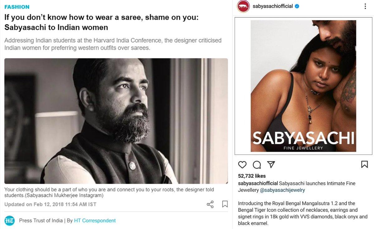 SanatanPrabhat's tweet photo. Sometime back @sabya_mukherjee "shamed" women for not knowing how to wear a saree, they should stand up for our culture, he said.

We wonder how he's upholding Indian culture showing scantily dressed women in a #mangalsutra ad.

#Sabyasachi_Insults_HinduCulture

@ShefVaidya https://t.co/9XWzUygRpU